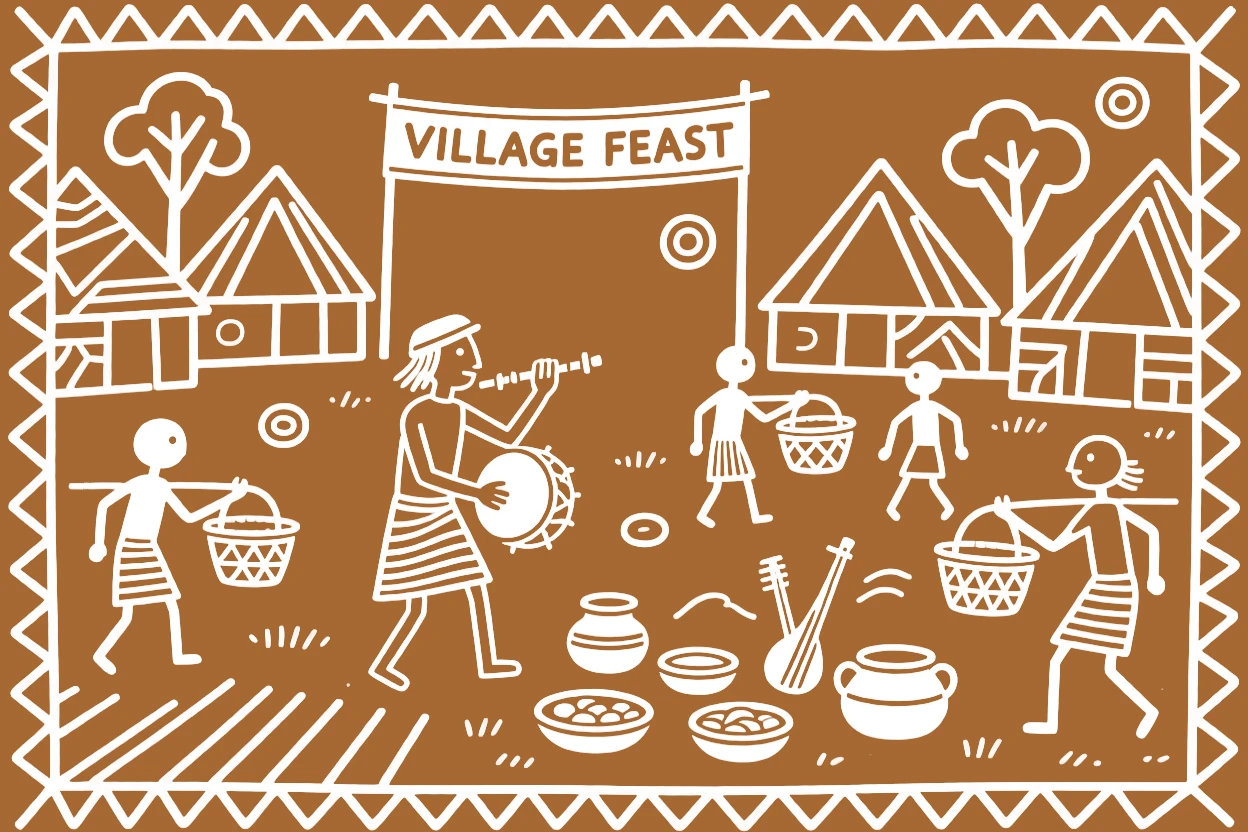 A wandering minstrel preparing for a community feast in the village courtyard.