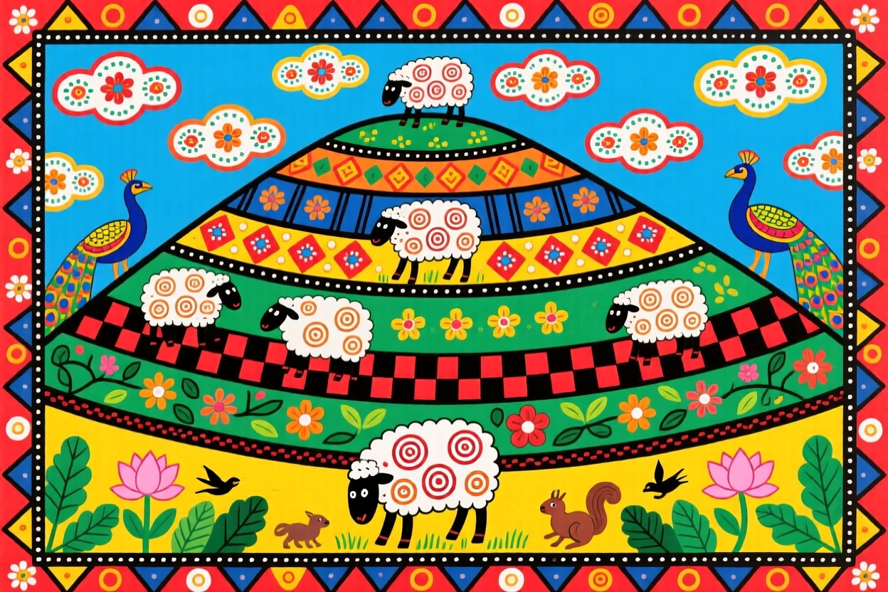 Sheep grazing on a terraced hillside beneath scattered clouds.