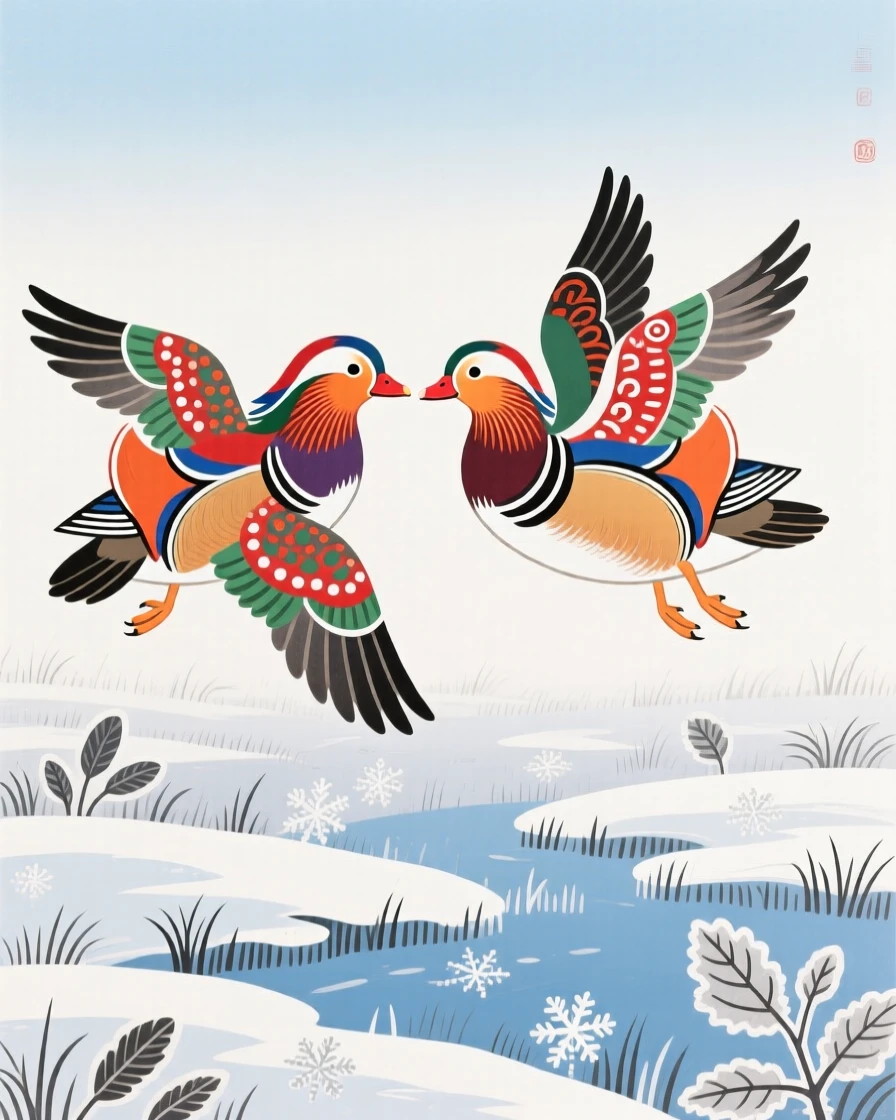 A pair of mandarin ducks taking flight alone in a frost-covered meadow.