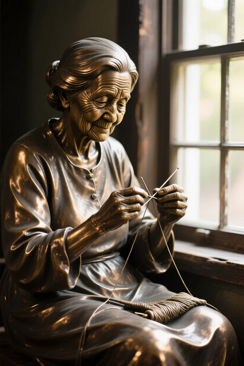 A grandmother threading a needle by a sunlit window, in a moment of pure emotion, forming a strong central focal point