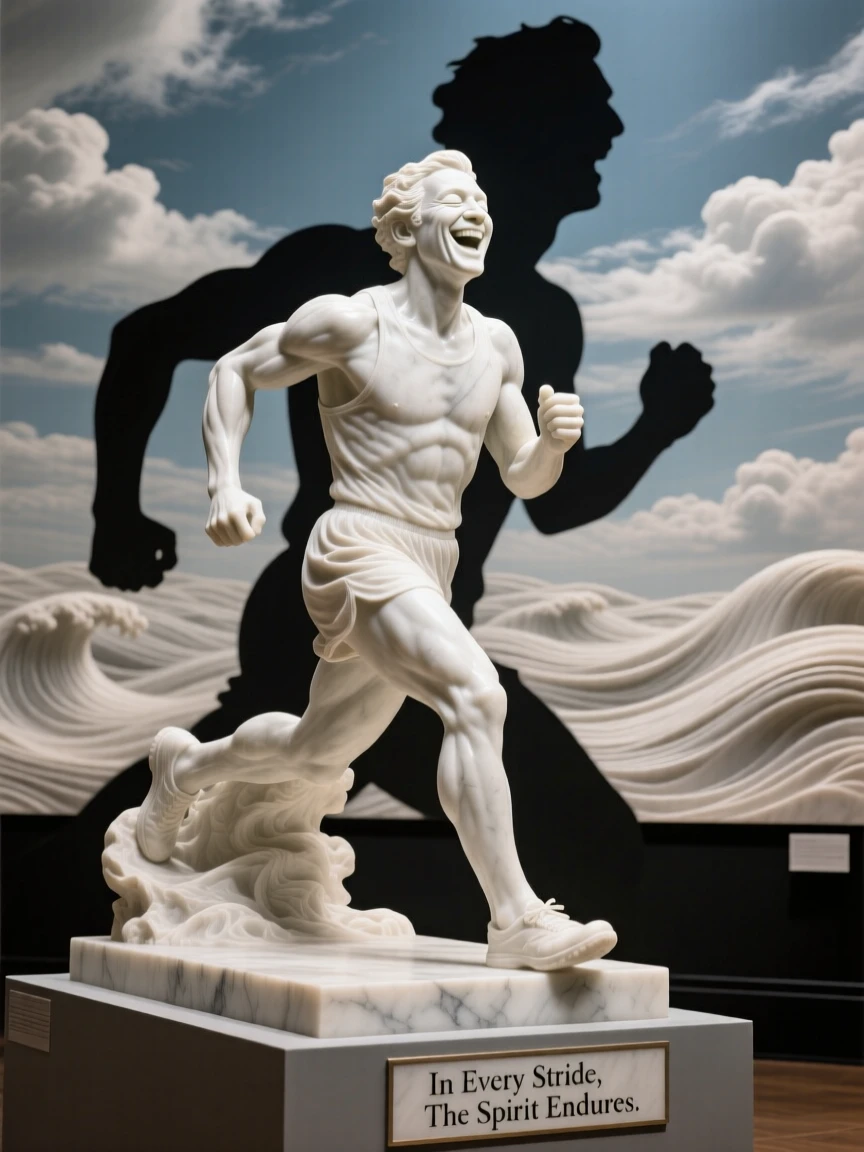 A tender portrait of a determined marathon runner, caught mid-laugh with eyes closed, silhouetted against a dramatic sky, evoking warmth and humanity