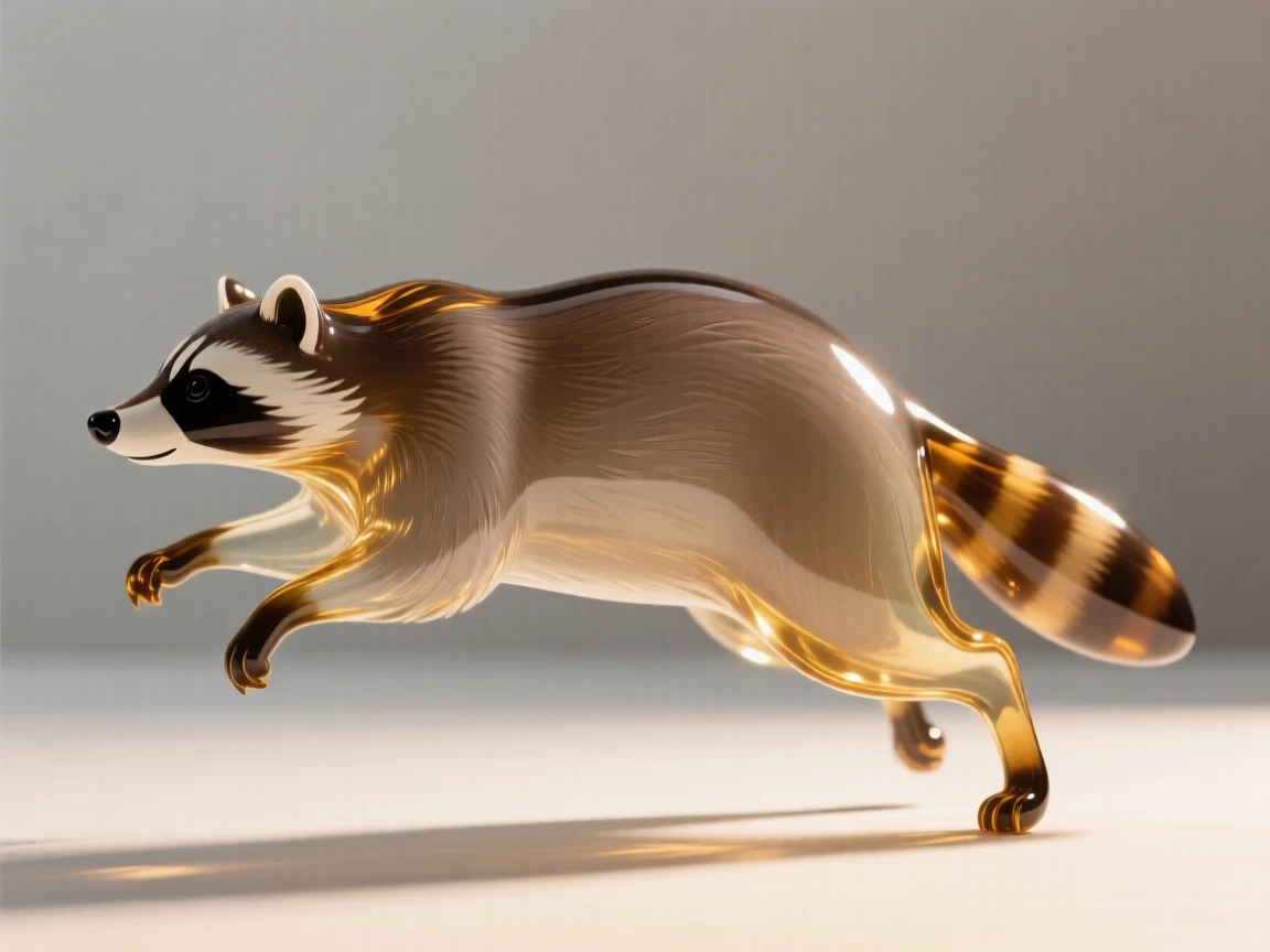 A raccoon captured mid-motion against a soft-focus forest backdrop, golden hour light rimming its fur, conveying grace and wild energy.