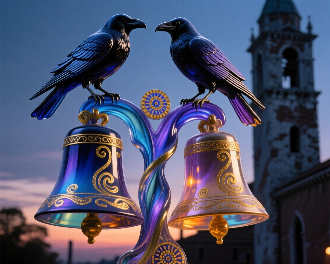 A pair of ravens perched on old church bells at twilight, mysterious and atmospheric.