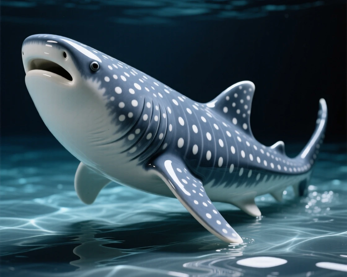 A whale shark gliding gently through open water caught in a burst of playful motion, with light rippling across its skin, stirring wonder at the mysteries of the deep.