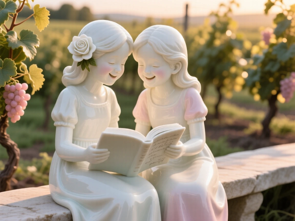 A tender scene of two sisters laughing together over a shared book in a vineyard at golden hour, a single flower tucked behind her ear.