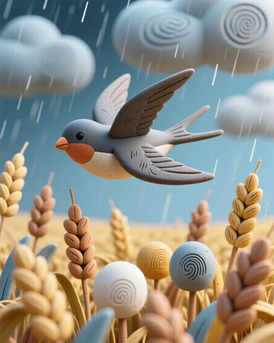 A swallow skimming low over a wheat field just before rain