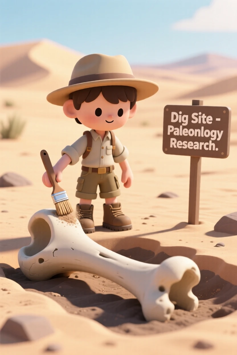 A young paleontology student carefully brushes dust from a massive fossilized bone inside a sunlit desert dig site.