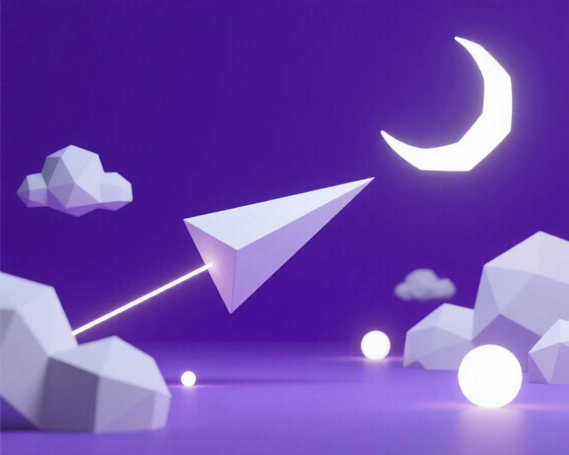 A shooting star streaking across a deep purple sky, amid drifting clouds lit by moonlight. soft glowing light sources create a sense of depth and scale. There is a dreamlike, otherworldly quality to the moment.