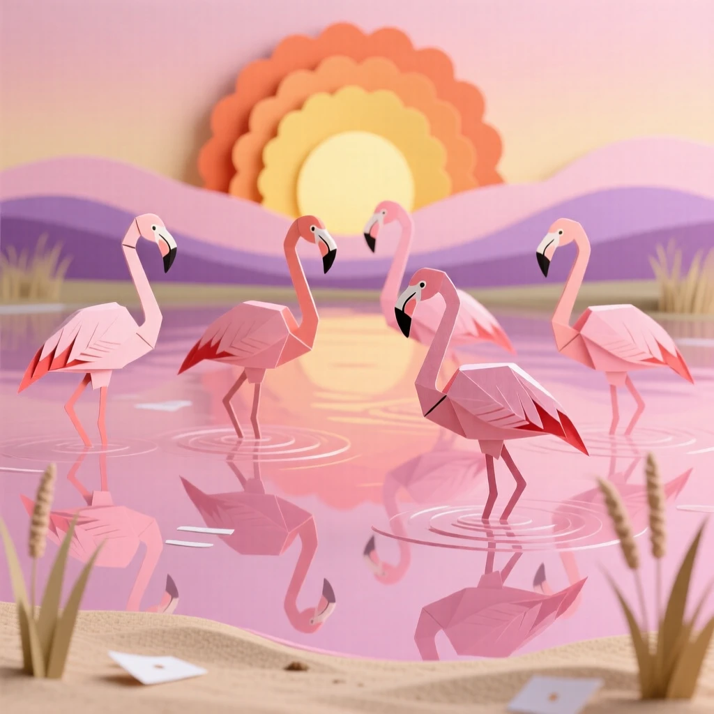 A group of flamingos wading through a shallow pink lake at sunrise, their reflections mirrored perfectly on the still water, creating a striking symmetrical composition.