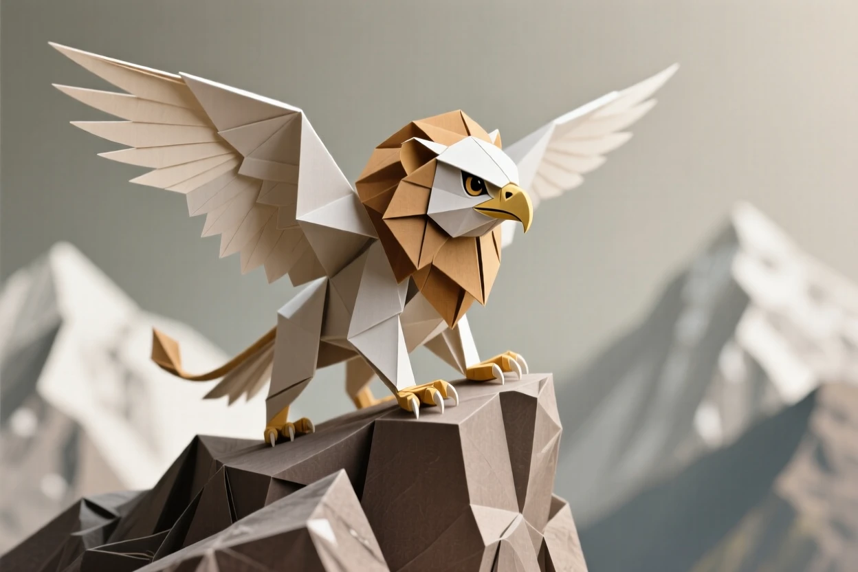 A baby griffin stretching its wings for the first time atop a mountain cliff, eagle-eyed and lion-bodied.