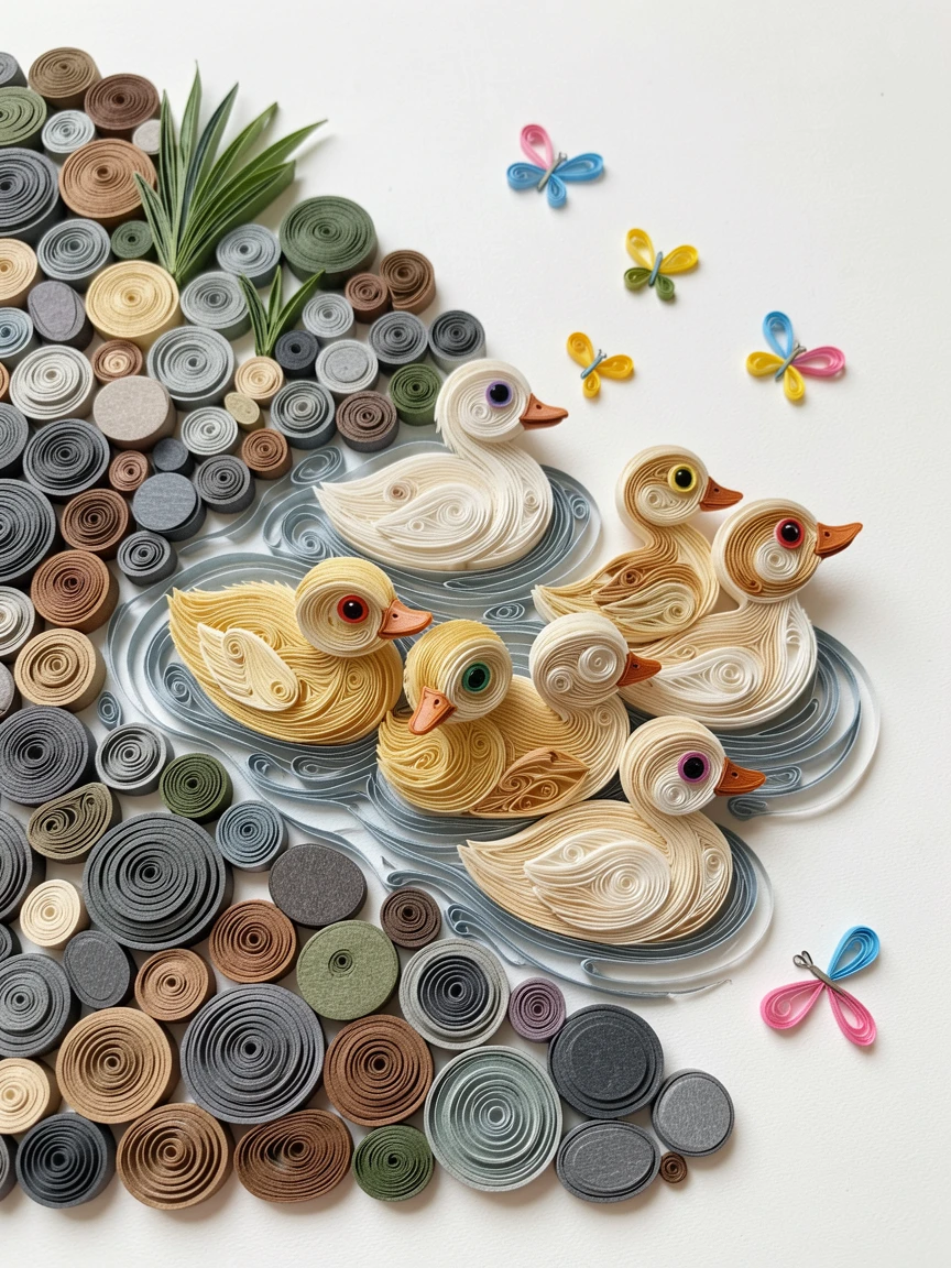 a duckling family paddling in a neat row on a riverbank dotted with smooth round stones, with a scattering of tiny butterflies nearby, with a shallow sense of depth drawing focus to the eyes.