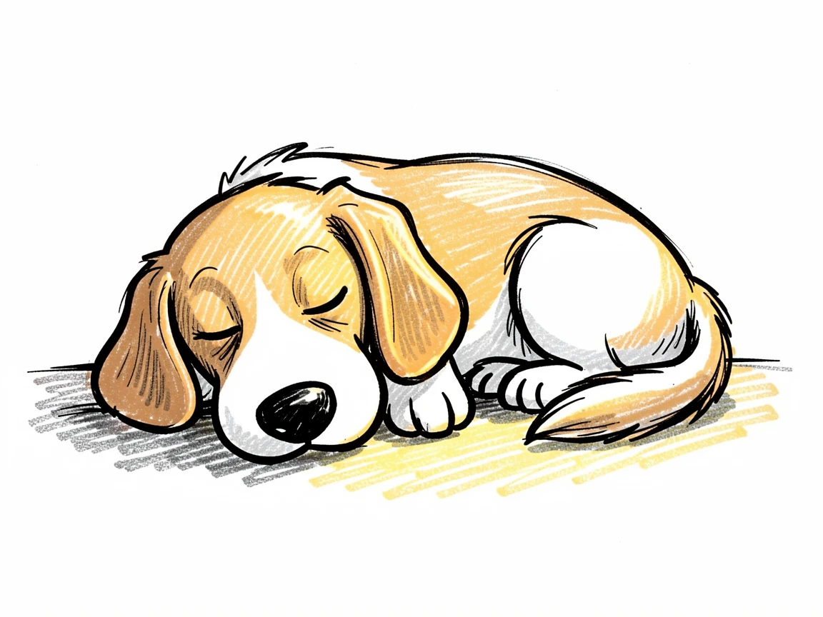 A floppy-eared beagle napping in a sunbeam on the floor.