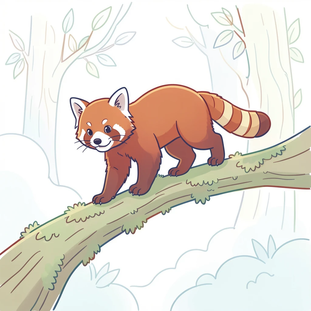 A red panda balancing along a mossy tree branch in a misty forest.
