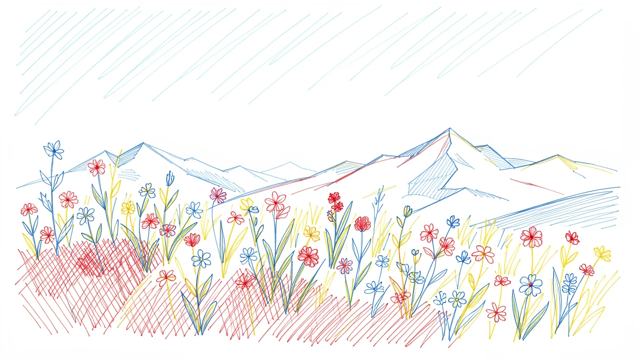 A high plateau covered in wildflowers with distant snow peaks under a clear sky