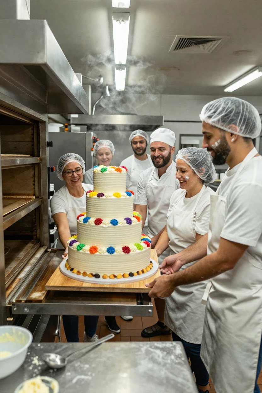 A team of bakers pulls an enormous celebration cake from an industrial oven.