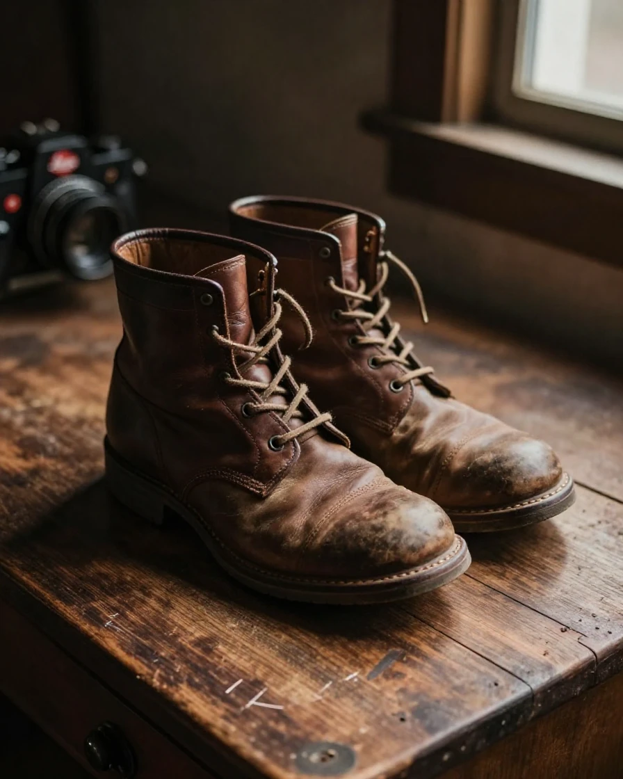 A pair of worn leather boots sitting atop a wooden desk, quietly telling its own small story