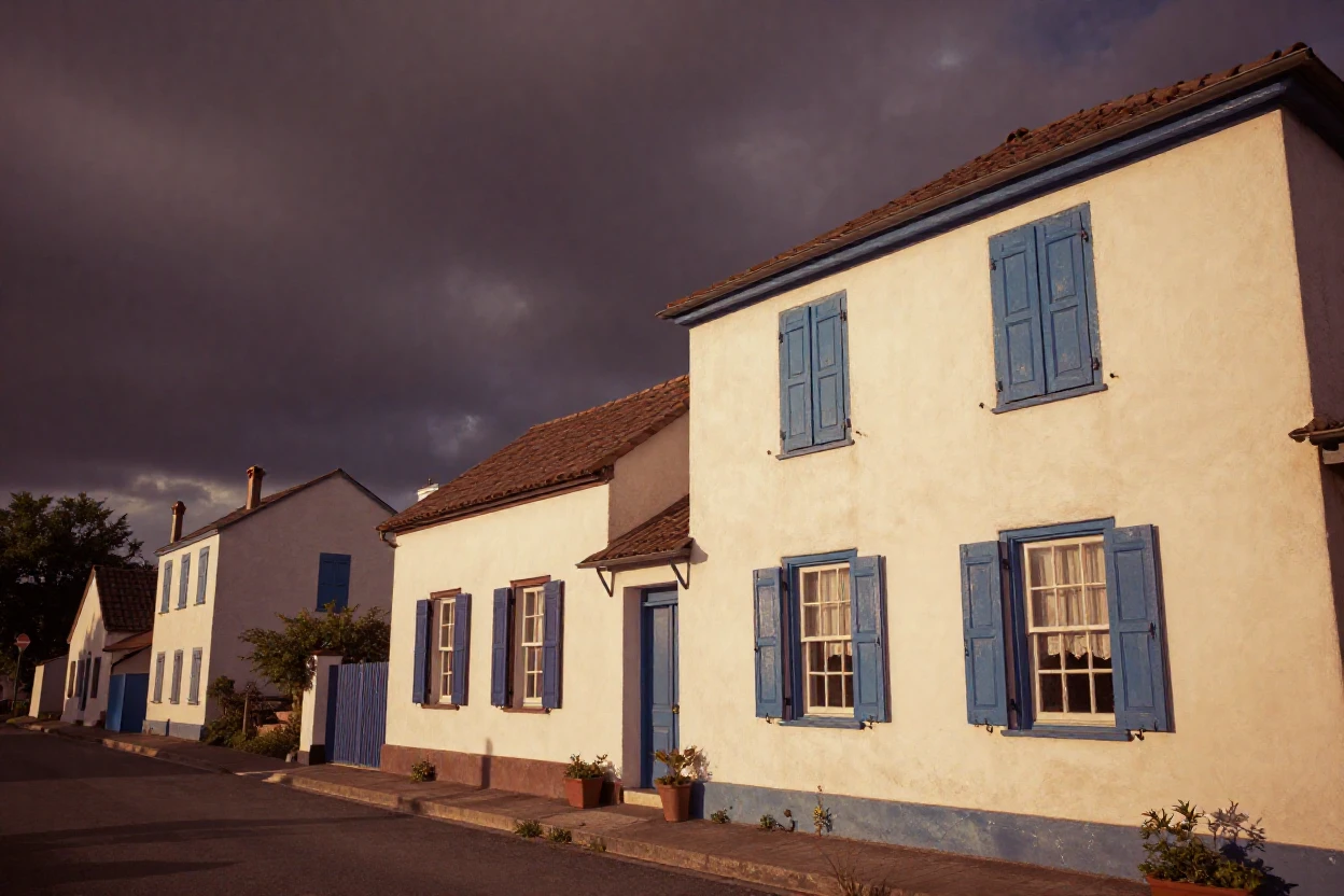 Whitewashed houses with blue shutters lining a narrow village lane, in the last light of dusk, under a darkening storm sky, during the long days of summer, dominated by warm amber and rust tones, captured from a low angle looking up.