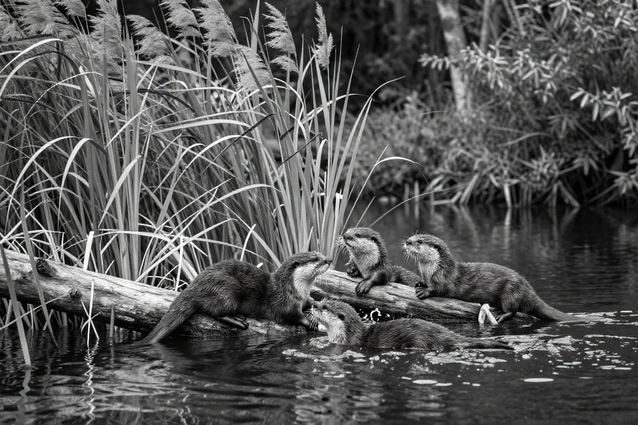 A family of otters plays among river reeds along a quiet forest river.