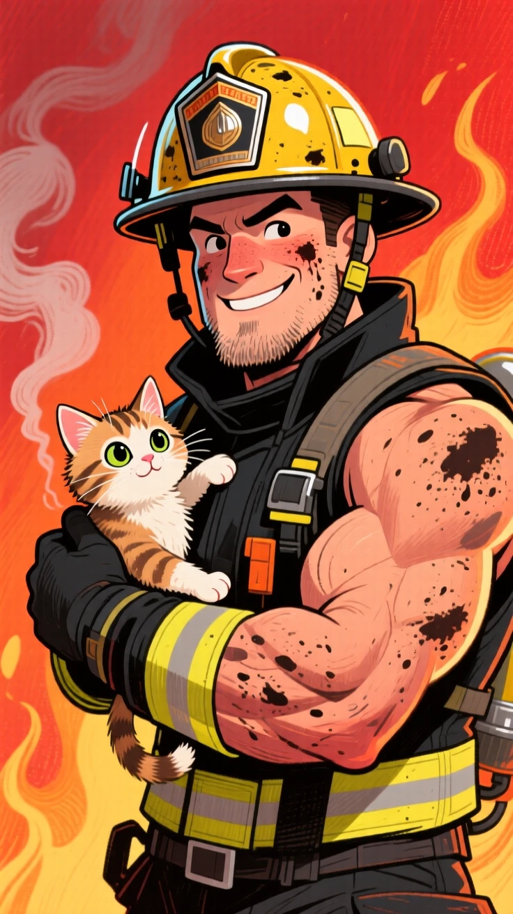 A muscular firefighter carrying a kitten to safety, soot smudged across his face.