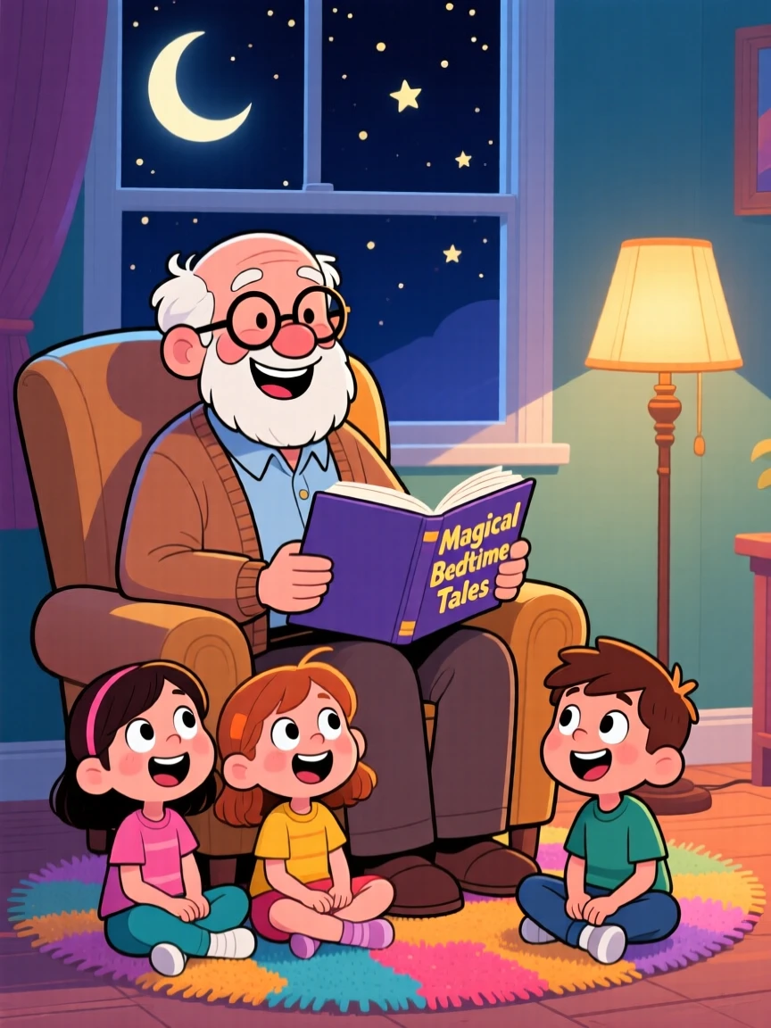 A heartwarming scene of an elderly man reading a bedtime story to his wide-eyed grandchildren gathered at his feet.
