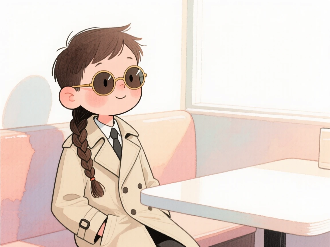 A little boy with a single thick braid over one shoulder, looking serene and peaceful, wearing a classic trench coat and wearing round vintage sunglasses, in a softly lit café corner
