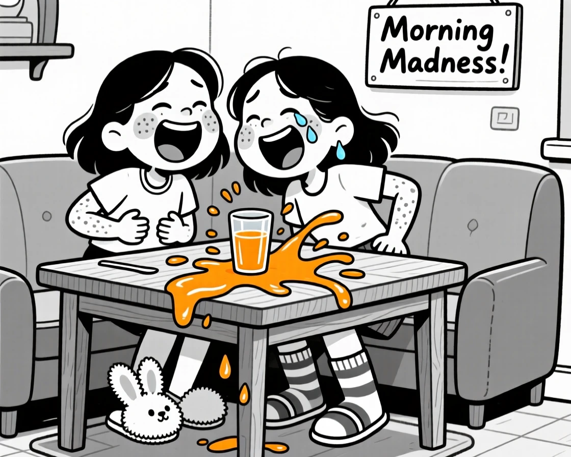 Two sisters with matching freckles, laughing so hard the sound turns into a snort, set at a breakfast nook with orange juice spilled nearby. Mismatched slippers peek out from under the couch. The scene radiates the warm chaos of everyday family love.