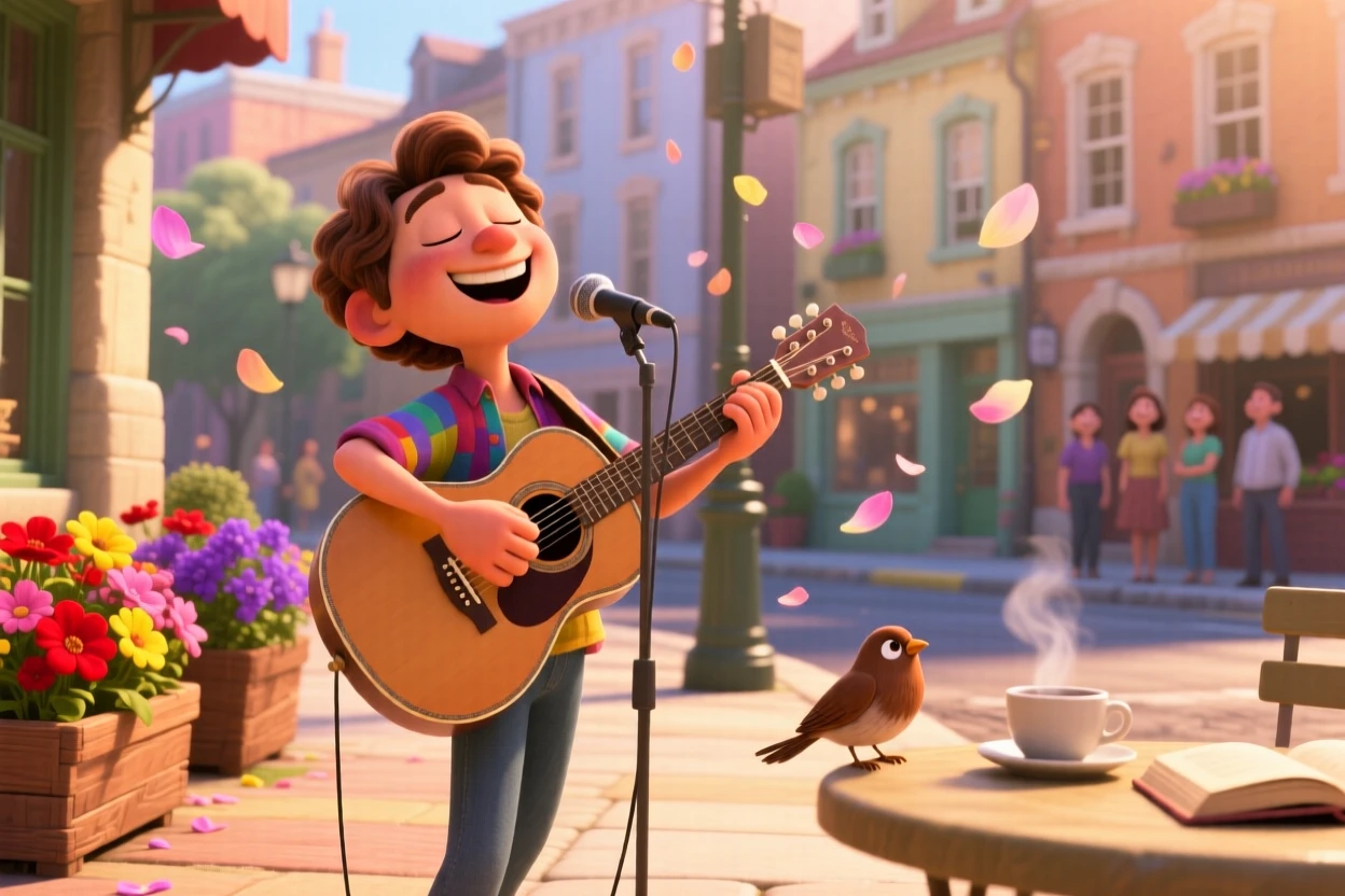 A musician playing joyfully on a street corner unfolds on a sunny sidewalk lined with flower boxes, with flower petals scattered on the breeze. A heartfelt sense of happiness fills the moment.