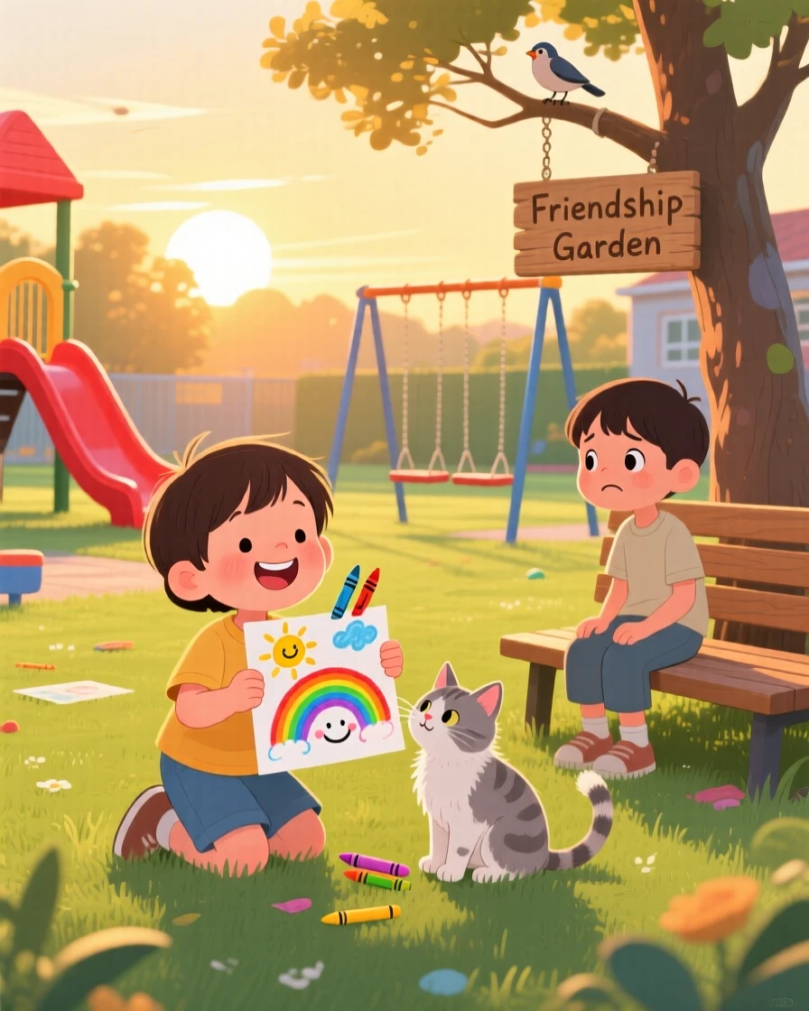 A child and a stray kitten share a tender moment cheering up a friend with a surprise drawing in a sunny schoolyard, while a warm glow of evening light surrounds them.