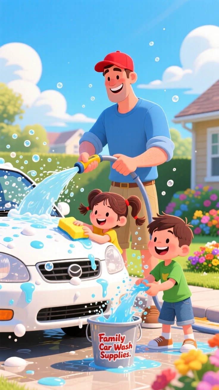 A dad and his kids washing the family car on a sunny afternoon.