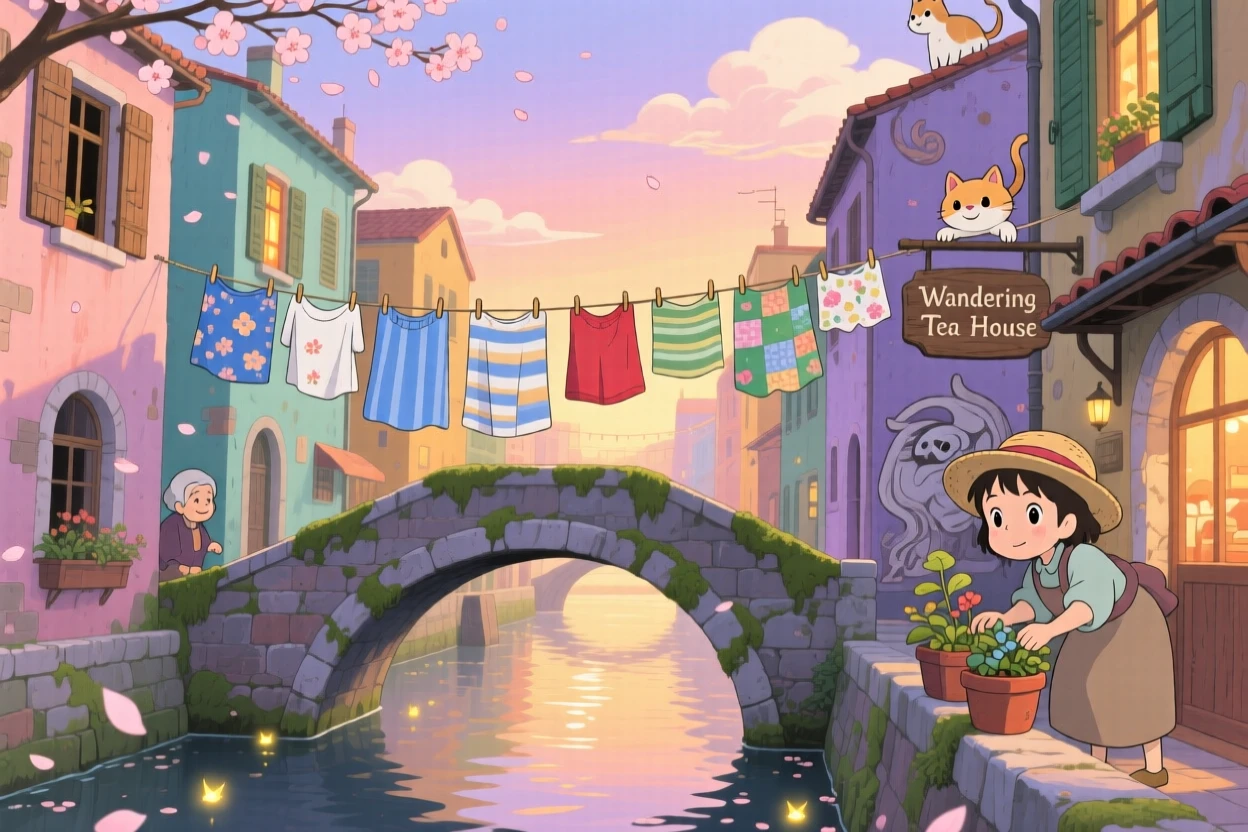 A scenic view of a canal city crossed by countless small stone bridges, with laundry strung between colorful buildings.