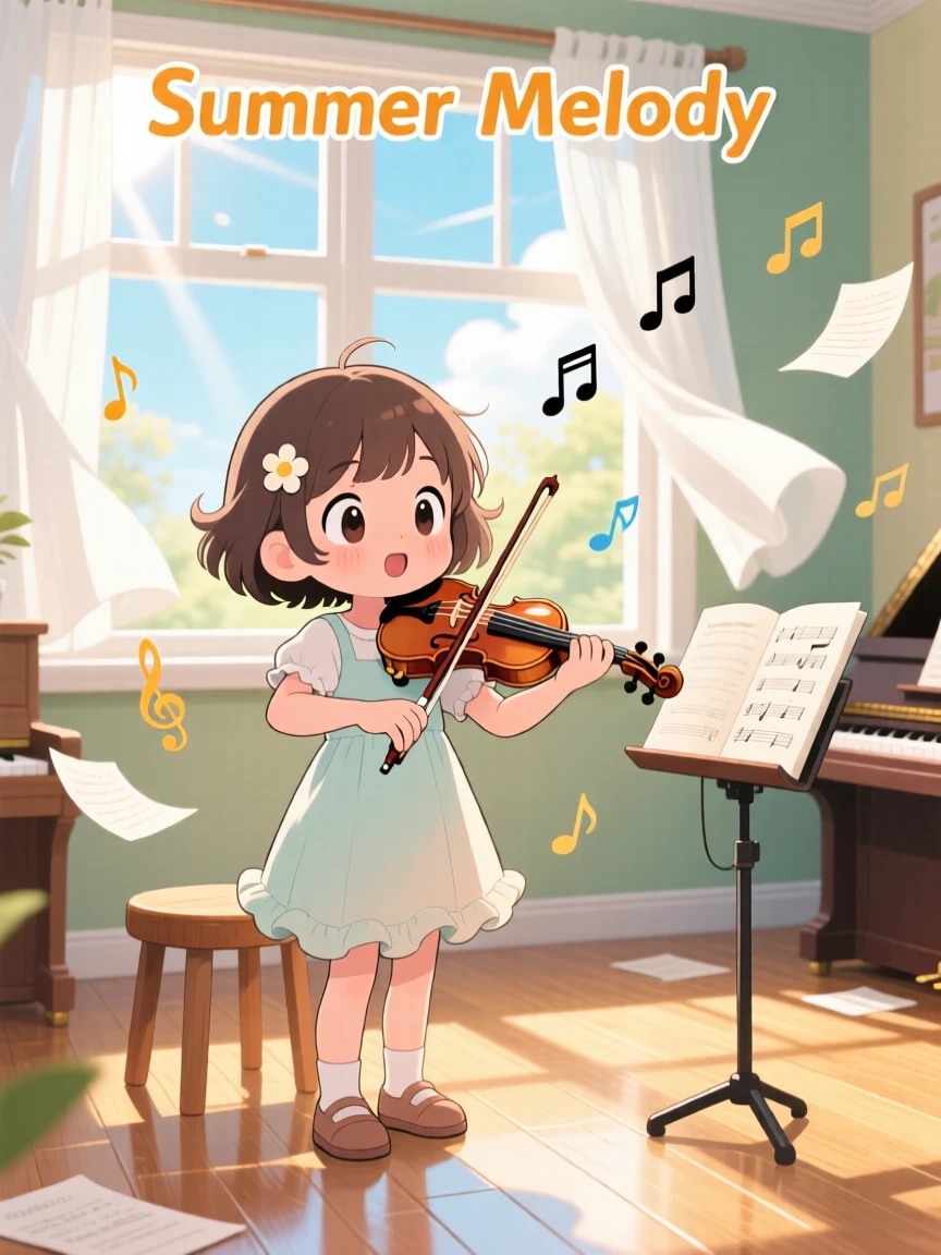 In a sunlit music room, a little girl is practicing violin with a determined expression during a light summer breeze, bathed in bright midday sun, expression full of gentle surprise. Shot as a three-quarter view.