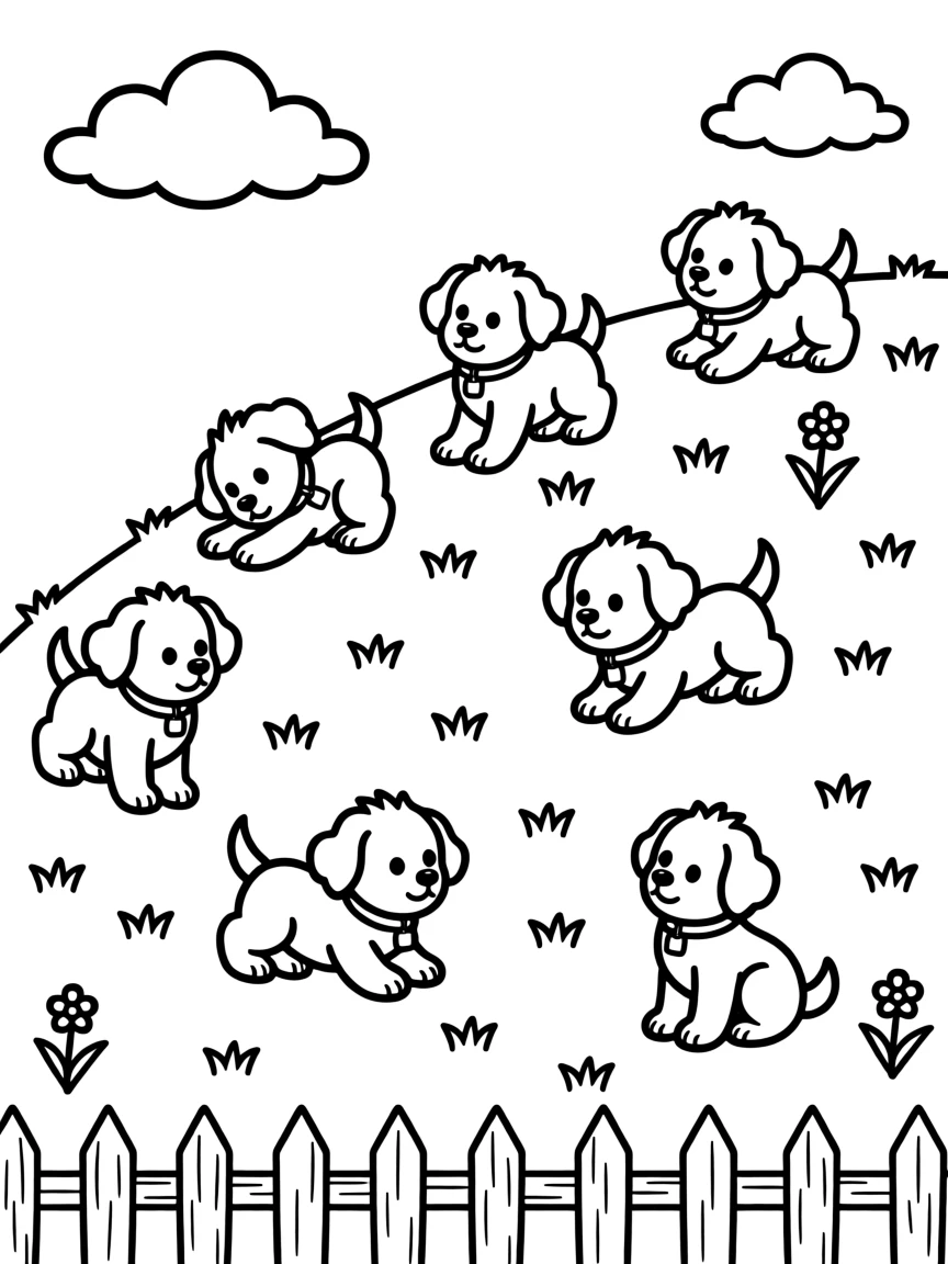 A litter of puppies tumbling down a grassy hill