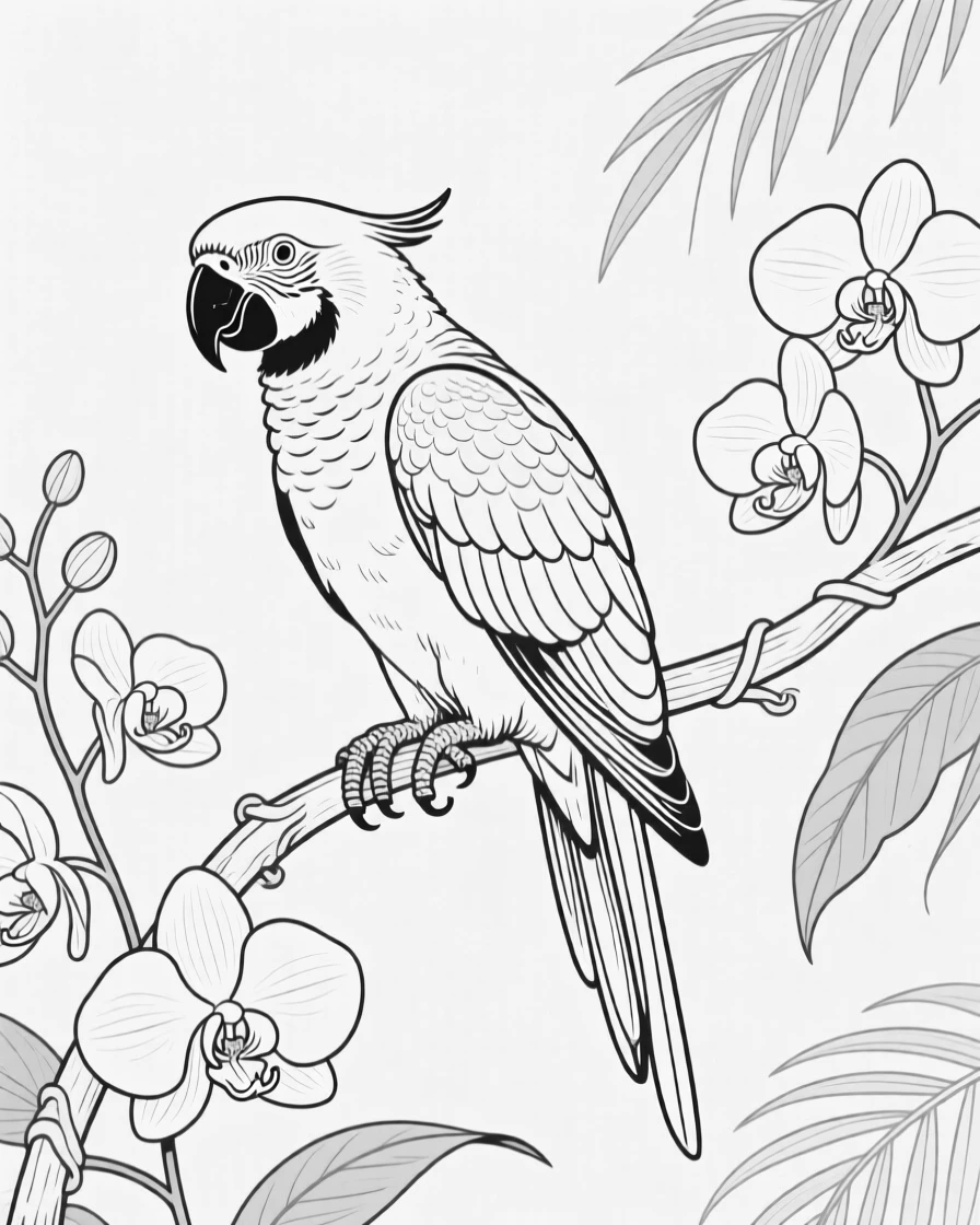 A parrot perched on a jungle vine among orchids