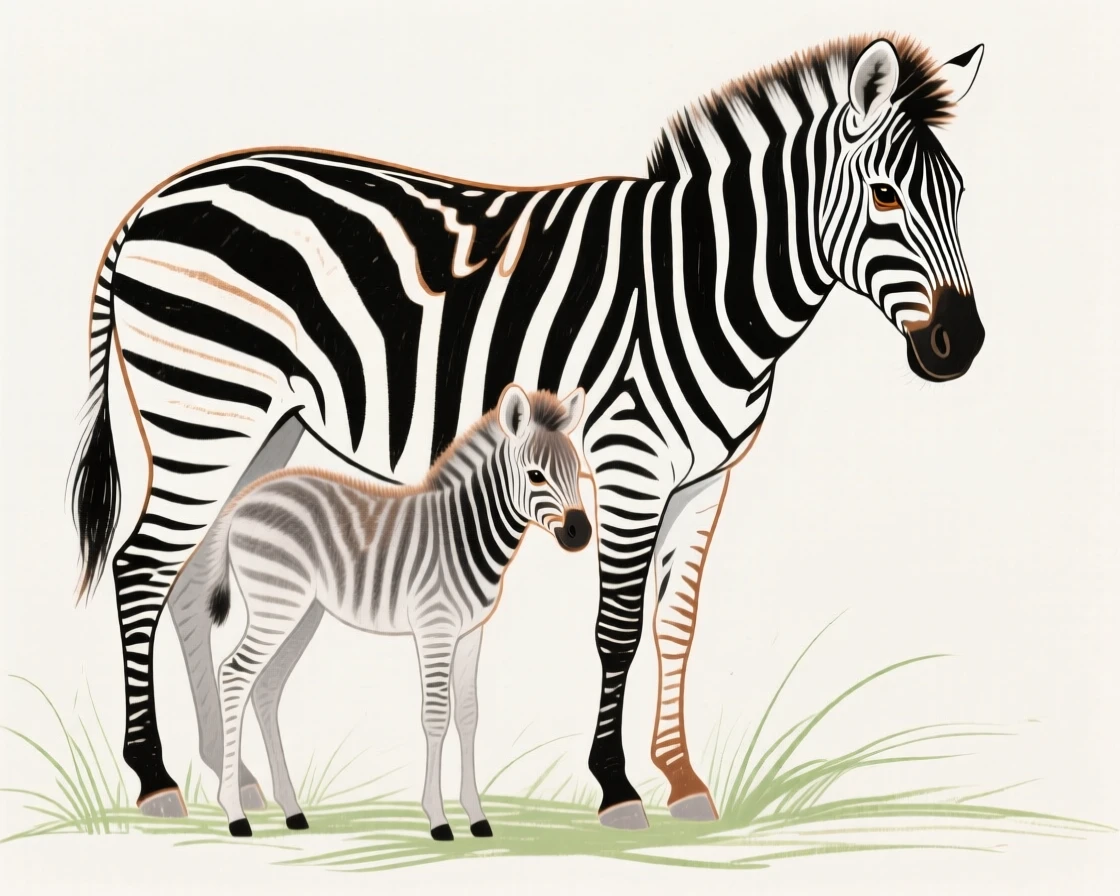 A baby zebra standing next to its mother.