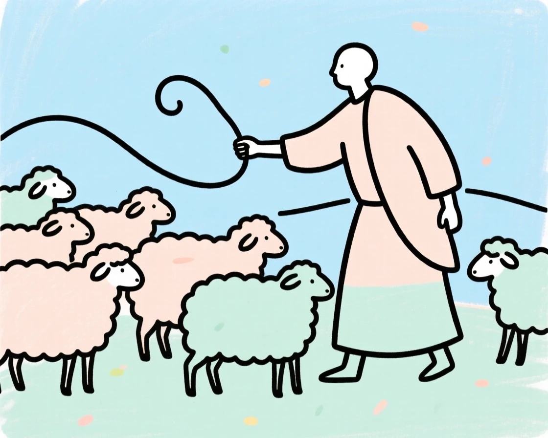 A shepherd guiding a flock of sheep