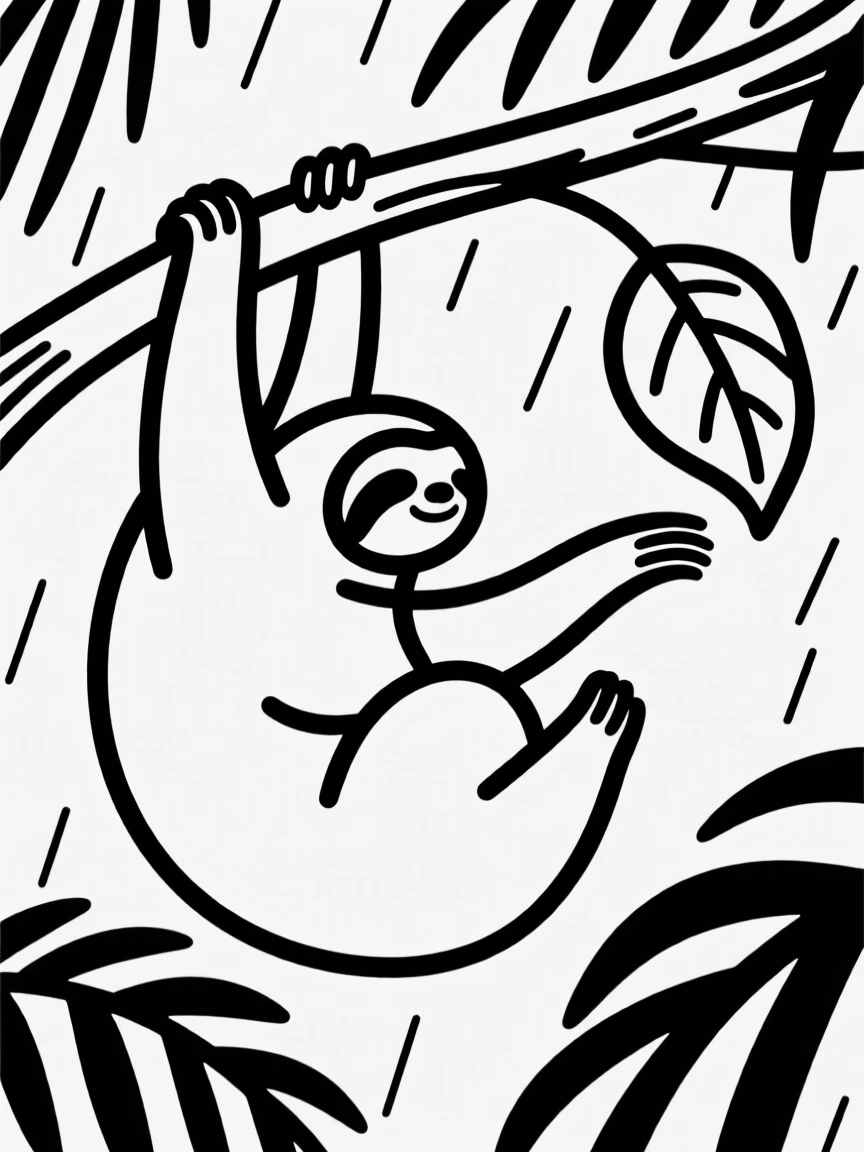 A sloth hanging from a rainforest branch, moving slowly toward a leaf.