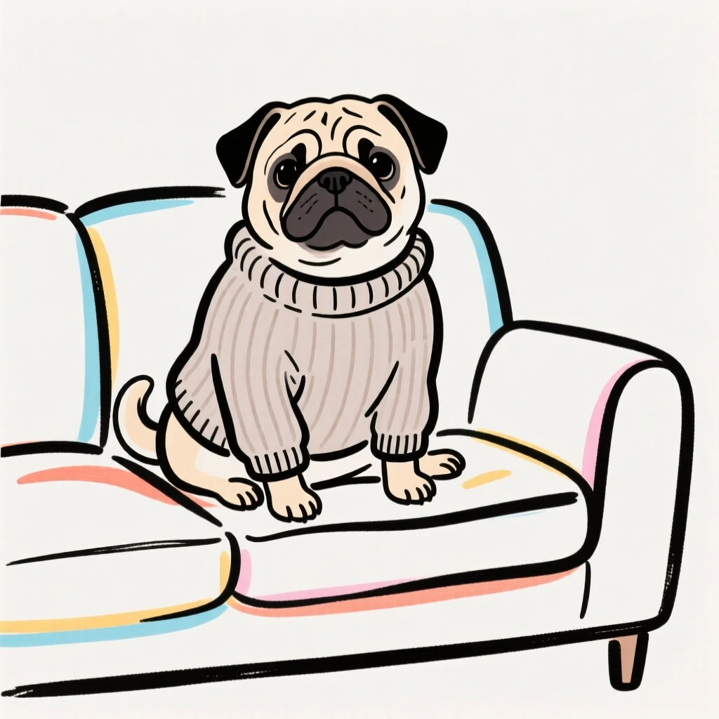 A pug wearing a cozy sweater sitting on a living room couch.