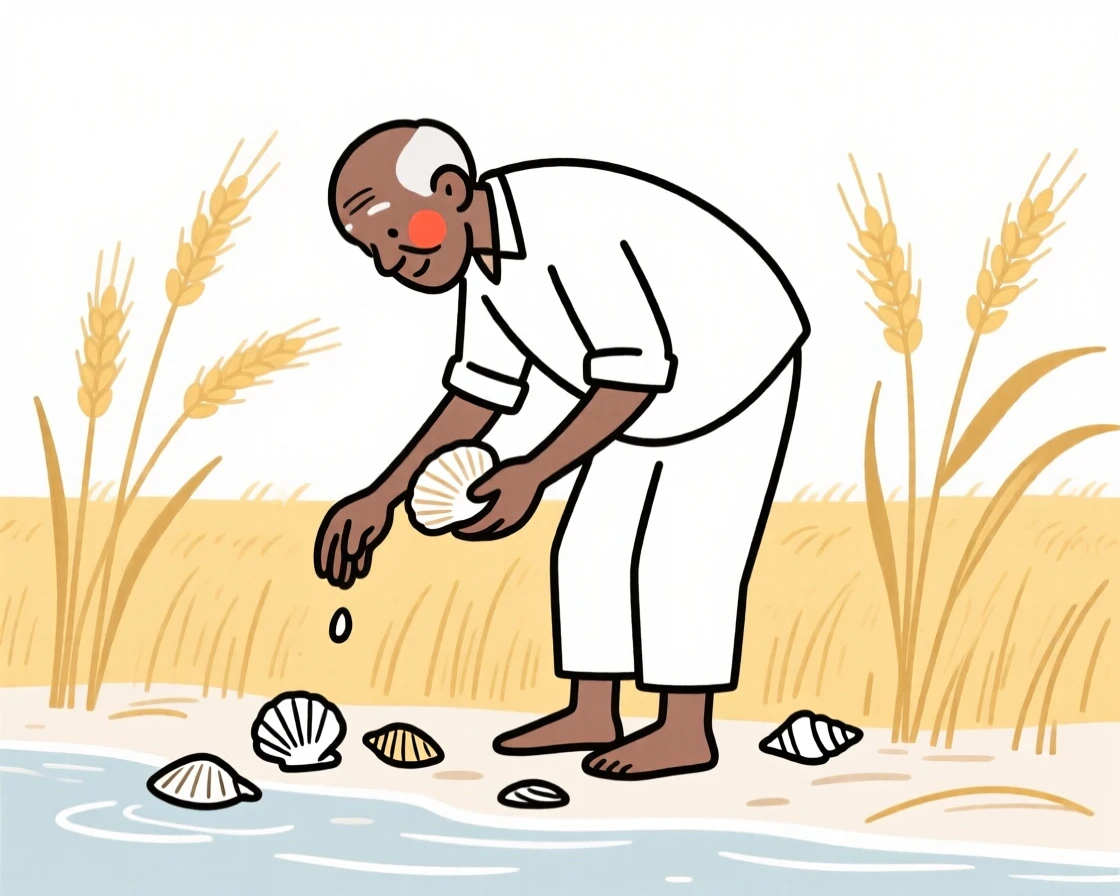 An elderly man of Jamaican heritage collecting seashells along the tideline, in a wheat field at harvest.