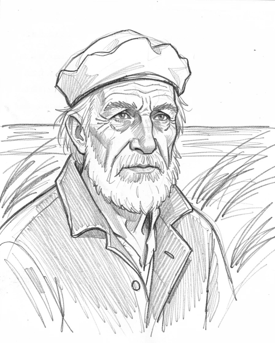 A tender portrait of a wise old sailor, gazing thoughtfully into the distance, on a windswept beach at dawn.