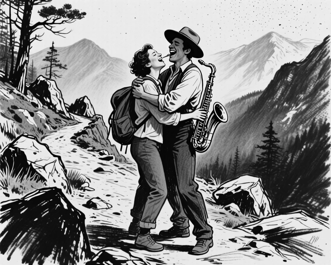 A jazz singer embracing a loved one after a long separation, on a mountain trail.