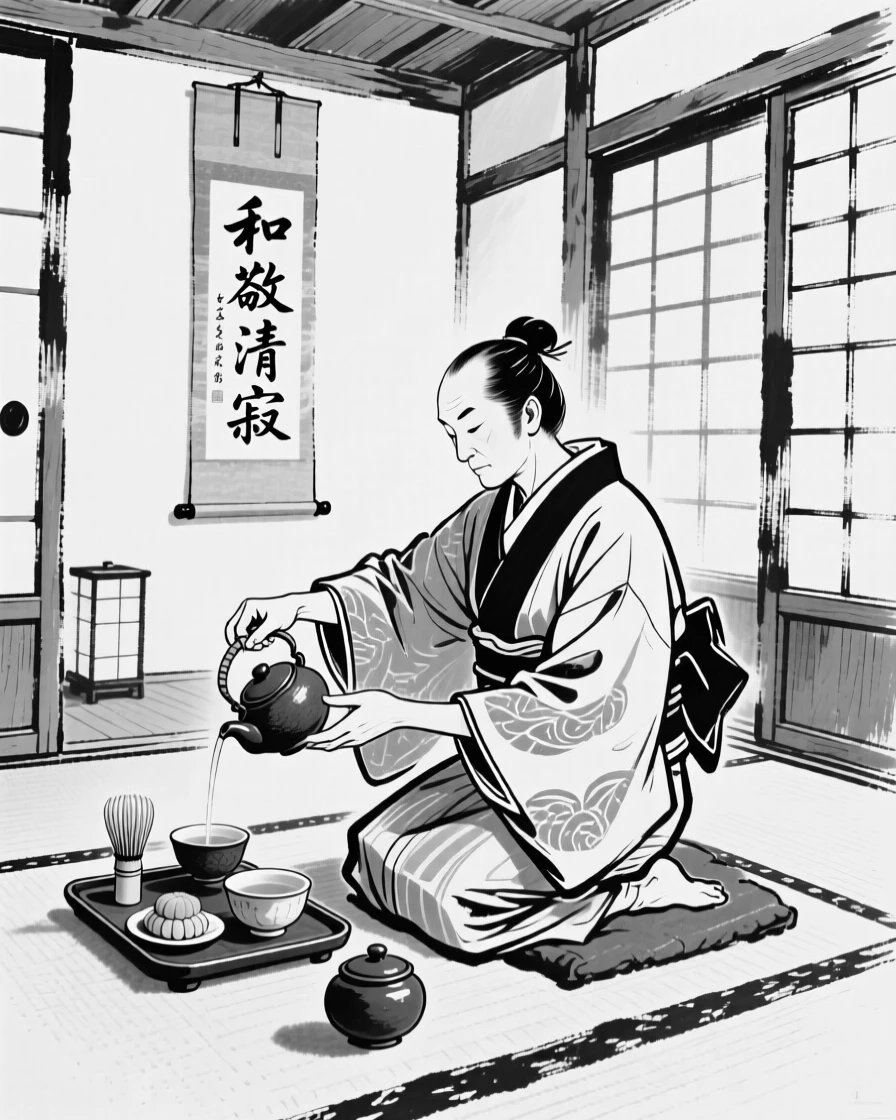 A tea ceremony master pouring tea with precise, graceful movements in a traditional room.