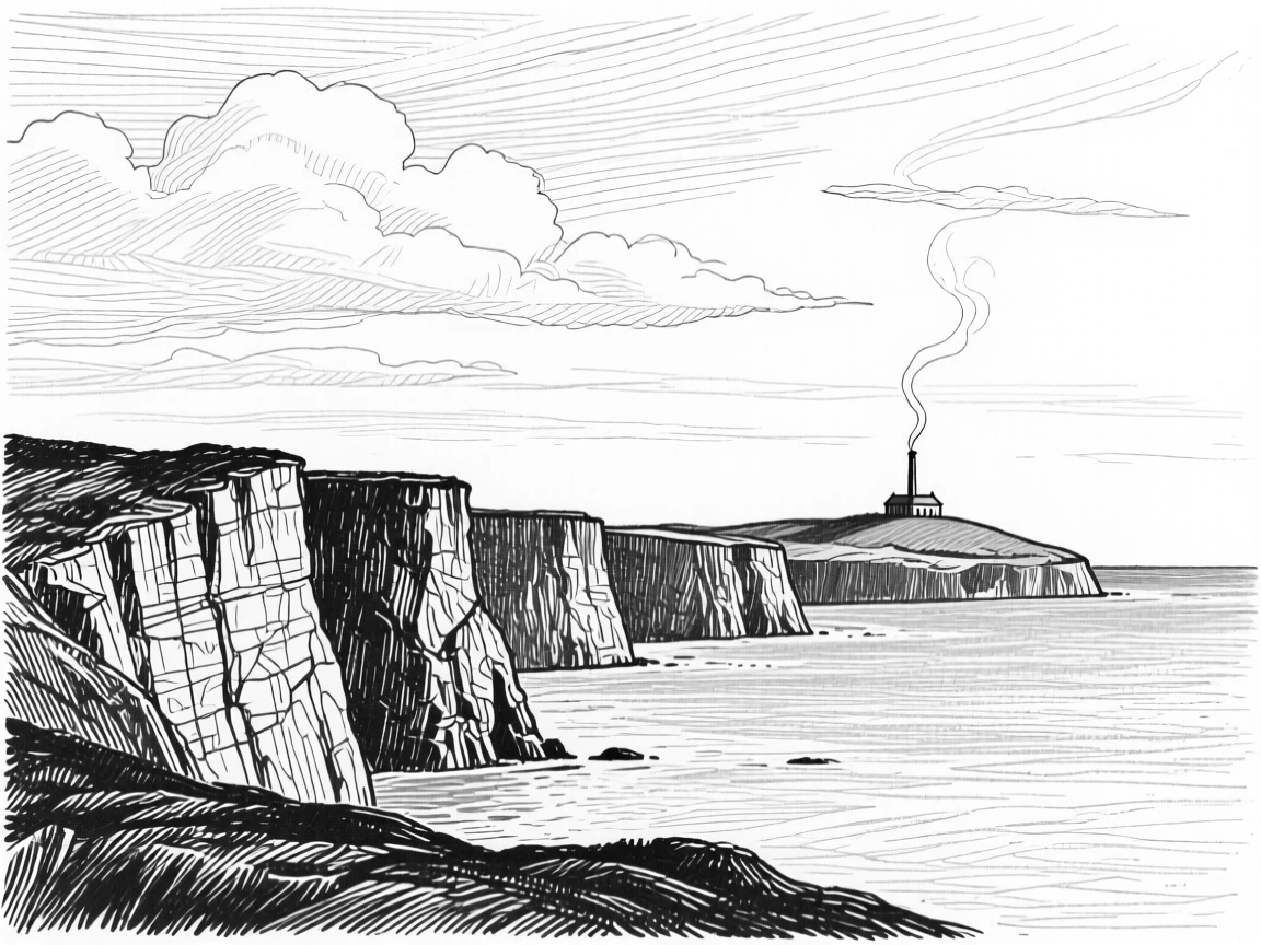 A row of ancient sea cliffs beneath a sky filled with drifting clouds, with a thin trail of smoke from a distant chimney, evoking a serene and contemplative atmosphere in a wide, balanced composition.