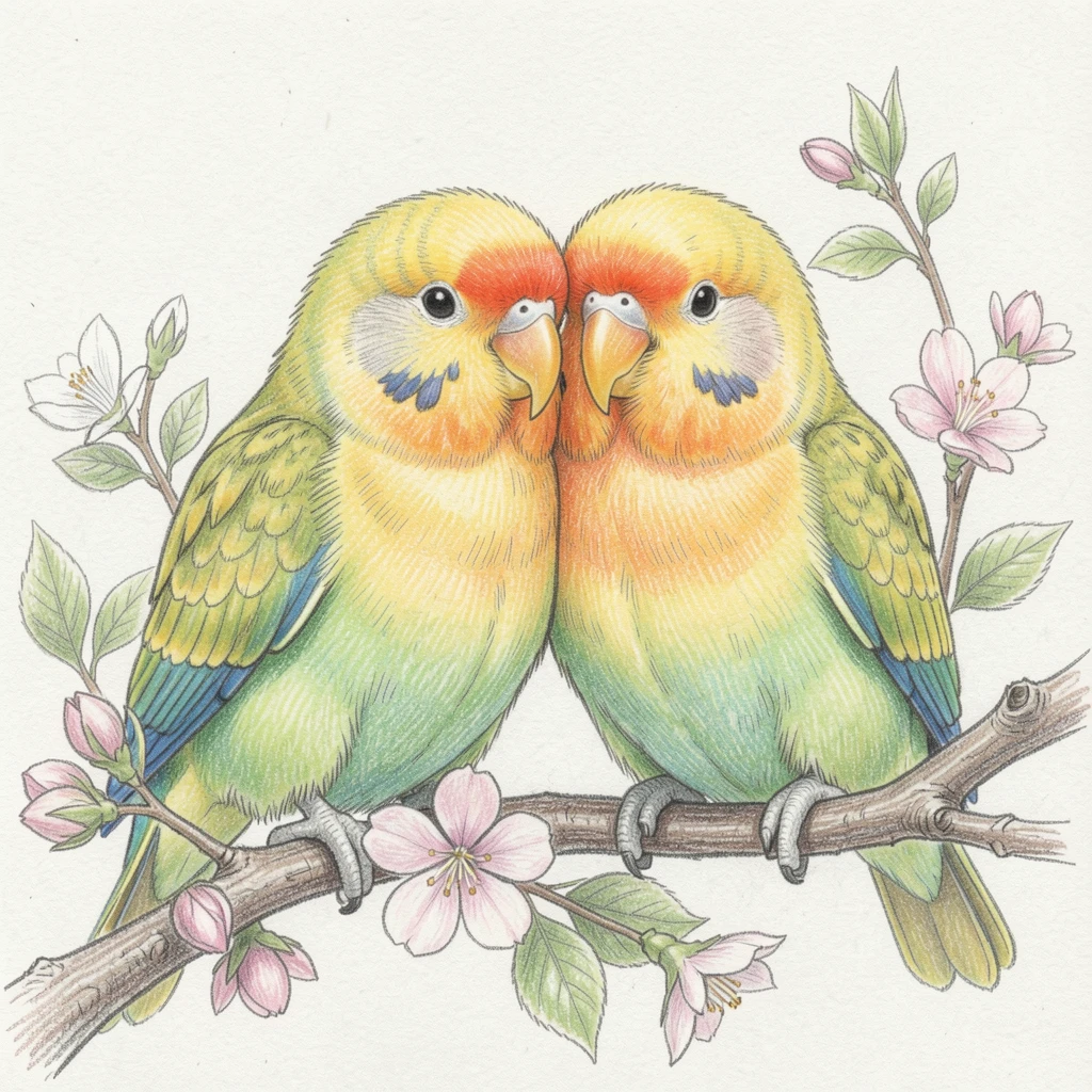 A pair of lovebirds perched together on a flowering branch, with delicate details in the fur and expressive eyes, evoking comfort, loyalty, and quiet companionship.