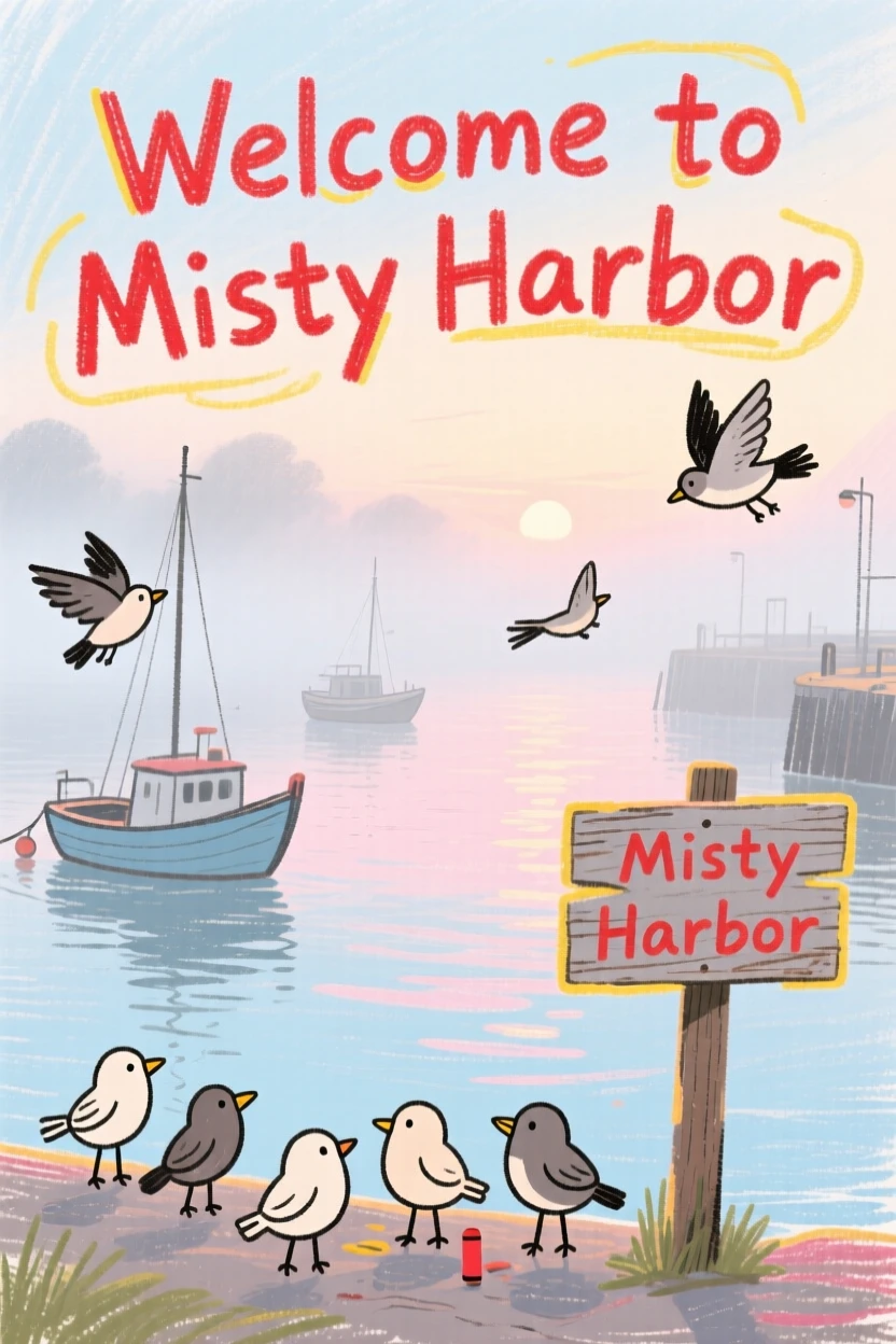 A view of a foggy harbor at dawn with birds gathering nearby at dawn.