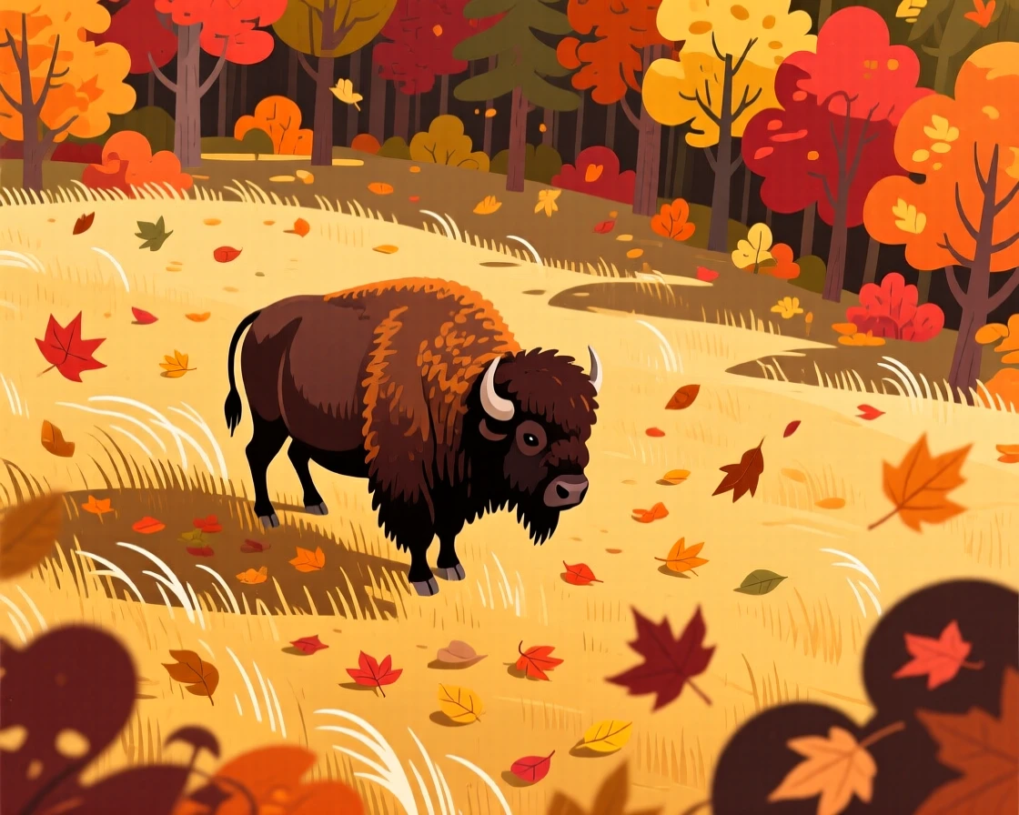 A bison standing solitary on a windswept prairie, nestled inside a cozy autumn forest with falling leaves, shown from above in a charming bird's-eye view, with vivid, richly saturated colors that pop.