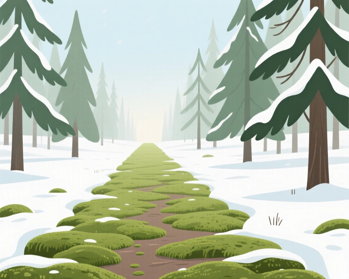 A peaceful winter forest path covered in soft moss, leading into the distance.