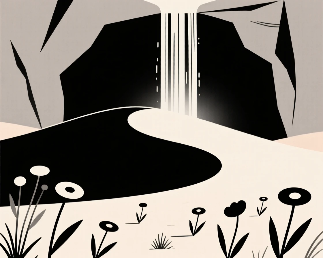 A desert dune, silhouetted alone against a hidden waterfall grotto, surrounded by wildflowers swaying in the breeze, full of raw natural power.