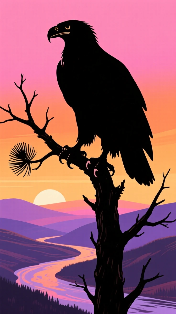 A bald eagle perched high atop a dead pine tree overlooking a river valley.