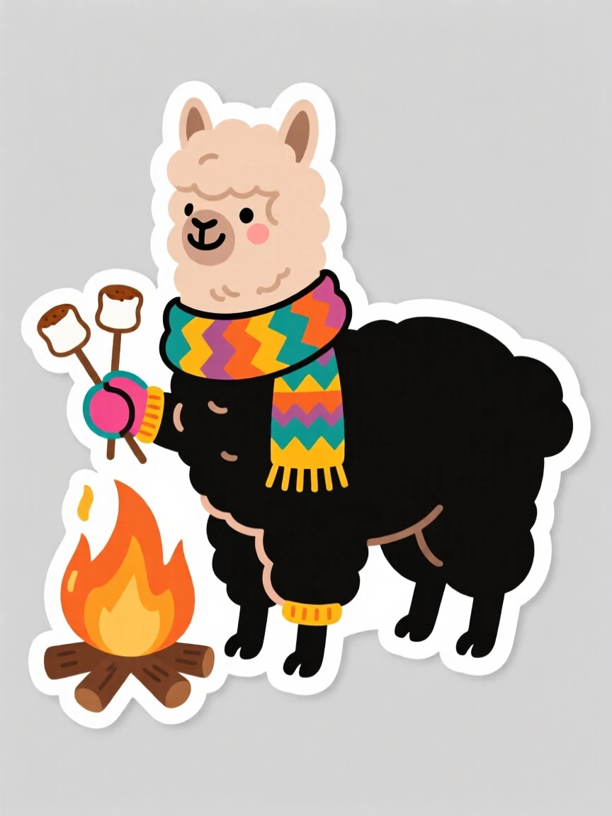 A content fluffy alpaca wearing tiny mittens and a scarf, beside a small campfire with marshmallows roasting.