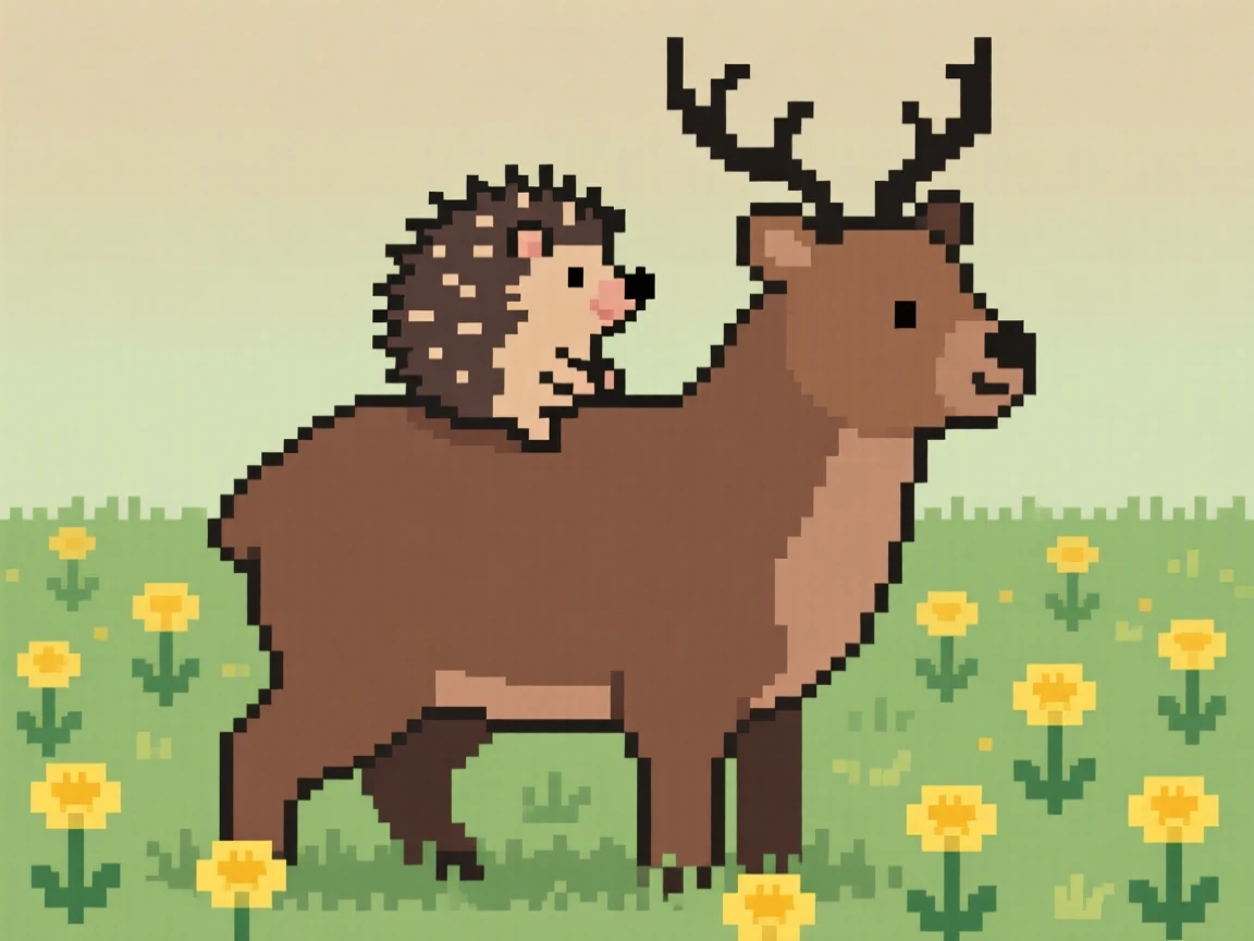 A tiny hedgehog riding on the back of a larger friendly animal, in a meadow full of dandelions.